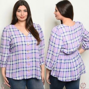 Plus Size Purple & Blue Plaid Spring Blouse